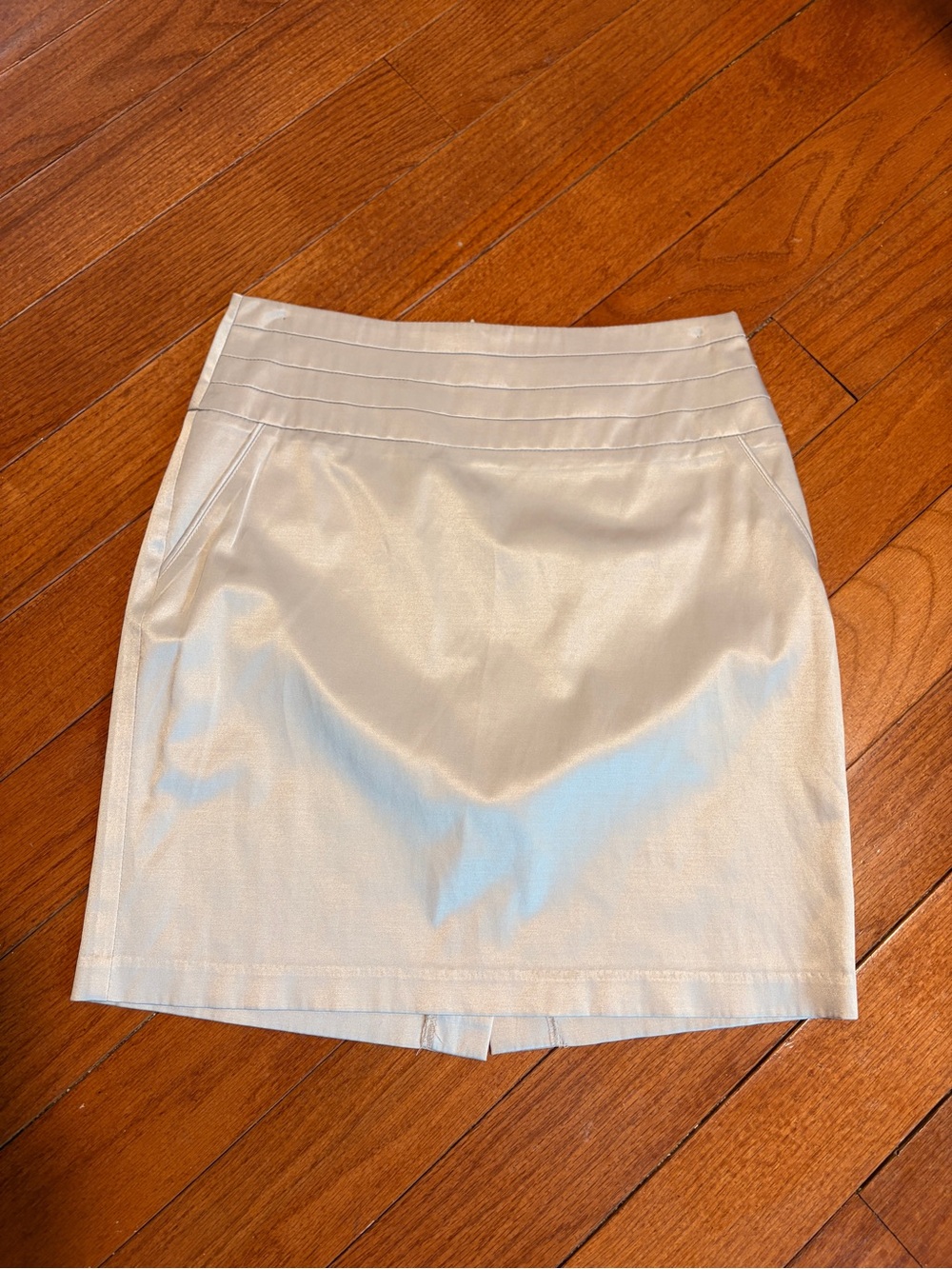 Golden Beige Satin Mini Skirt with Pleated Waistband.